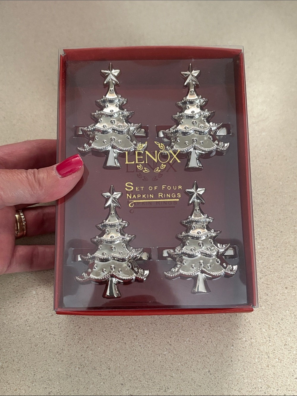 Lenox Holiday Noel‎ Napkin Rings Holders Silver Christmas Tree Set of 4